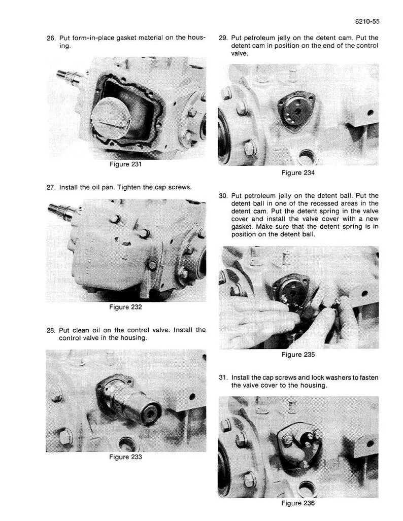 May include: A series of black and white images from a manual, showing steps for assembling a mechanical component. The images include close-ups of parts, with text instructions and figure numbers. The steps involve applying gasket material, installing parts, and tightening screws.