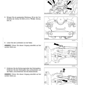 May include: A technical manual page titled Vorderachssystem - Angetriebene Vorderachse, featuring four black and white line drawings illustrating mechanical assembly steps for a front axle system, including bolts, a steering cylinder, and pivot pins.