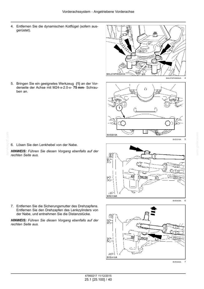 May include: A technical manual page titled Vorderachssystem - Angetriebene Vorderachse, featuring four black and white line drawings illustrating mechanical assembly steps for a front axle system, including bolts, a steering cylinder, and pivot pins.