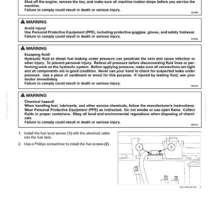 Pu&ograve; includere: Schema di installazione del sensore del livello carburante, con avvertenze di sicurezza. Le istruzioni includono l'installazione del sensore e l'uso di un cacciavite a croce. L'immagine include un diagramma con componenti numerati.