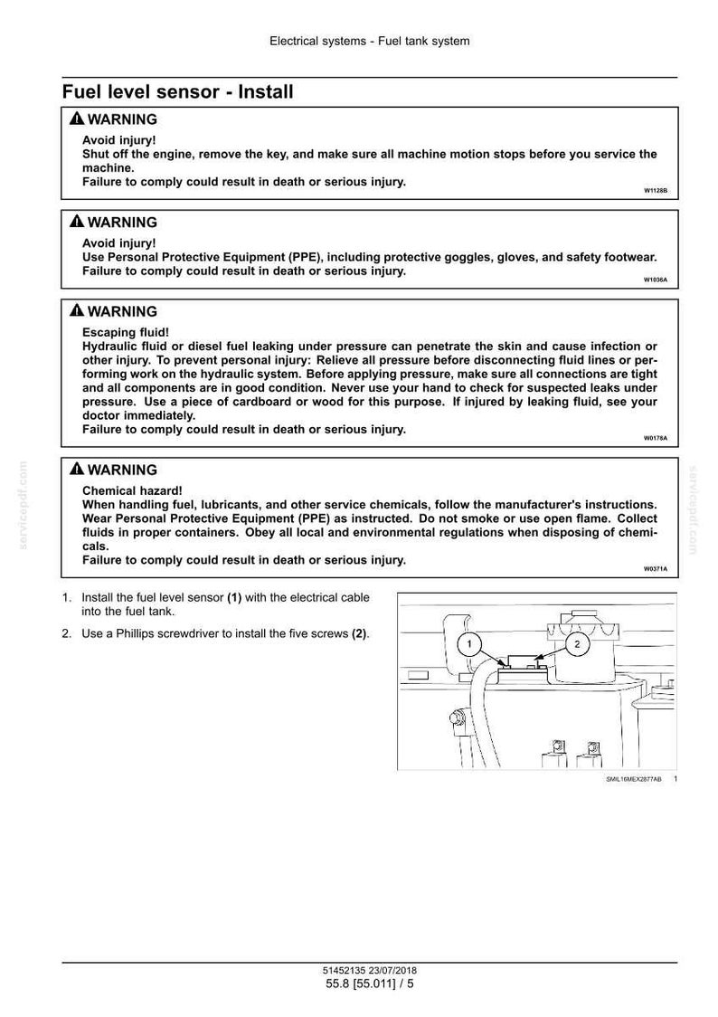 Pu&ograve; includere: Schema di installazione del sensore del livello carburante, con avvertenze di sicurezza. Le istruzioni includono l'installazione del sensore e l'uso di un cacciavite a croce. L'immagine include un diagramma con componenti numerati.