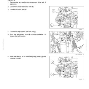 May include: A technical maintenance page titled Fan belt with instructions for removal. It includes three black and white line drawings of an engine component assembly with numbered callouts indicating specific bolts, pulleys, and the belt.