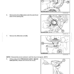 Pu&ograve; includere: Una pagina di manuale tecnico intitolata Rear axle system - Rear-powered steerable axle, contenente quattro disegni al tratto in bianco e nero che illustrano le fasi di smontaggio meccanico da 5 a 8, inclusi componenti numerati come il cuscinetto 11, gli spessori 12, l'unit&agrave; differenziale 14 e il dado 1, con testo di istruzioni.