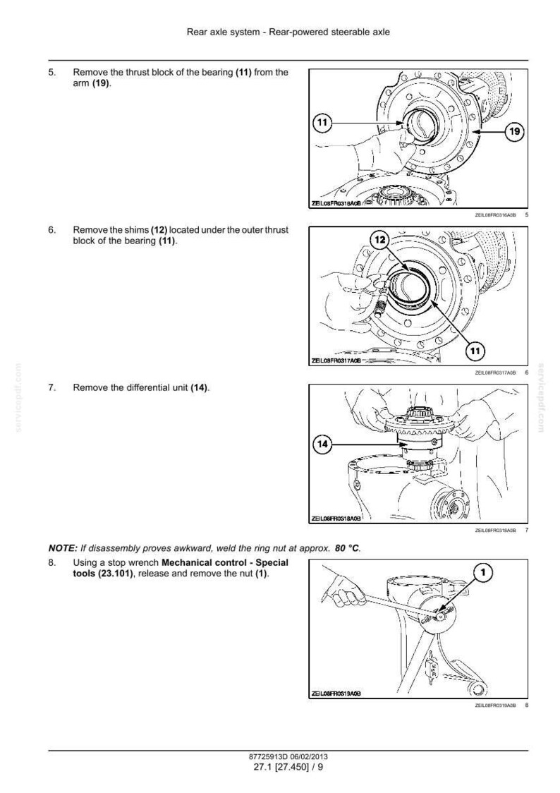 Pu&ograve; includere: Una pagina di manuale tecnico intitolata Rear axle system - Rear-powered steerable axle, contenente quattro disegni al tratto in bianco e nero che illustrano le fasi di smontaggio meccanico da 5 a 8, inclusi componenti numerati come il cuscinetto 11, gli spessori 12, l'unit&agrave; differenziale 14 e il dado 1, con testo di istruzioni.