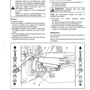 Może przedstawiać: Schemat techniczny ilustrujący demontaż i wymianę siłownika układu kierowniczego. Obraz przedstawia szczeg&oacute;łowe elementy mechaniczne, w tym śruby, rury i sam siłownik, z ponumerowanymi częściami i strzałkami. Tekst zawiera porady dotyczące bezpieczeństwa i instrukcje.