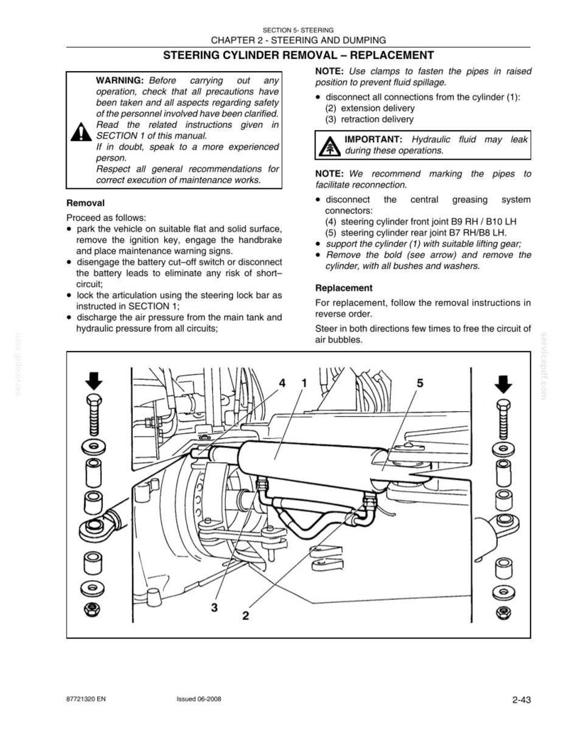 Może przedstawiać: Schemat techniczny ilustrujący demontaż i wymianę siłownika układu kierowniczego. Obraz przedstawia szczeg&oacute;łowe elementy mechaniczne, w tym śruby, rury i sam siłownik, z ponumerowanymi częściami i strzałkami. Tekst zawiera porady dotyczące bezpieczeństwa i instrukcje.