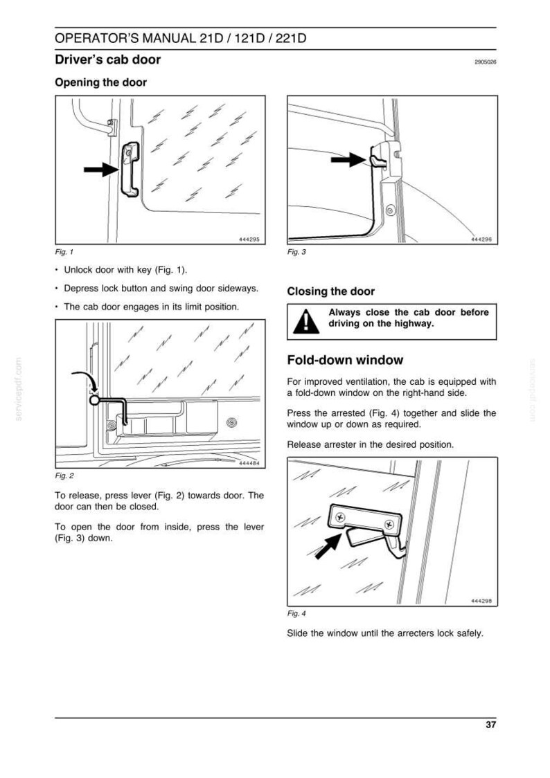 May include: Operator's manual for a driver's cab door, including diagrams for opening and closing the door, and operating the fold-down window. The manual includes diagrams and instructions for unlocking the door with a key, and closing the door before driving.