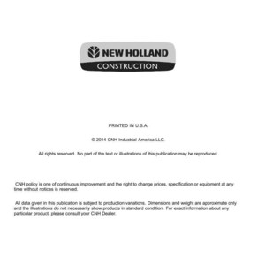 May include: A white document with the "NEW HOLLAND CONSTRUCTION" logo at the top. The document includes text about technical publications and tools, copyright information, and a disclaimer about product variations.