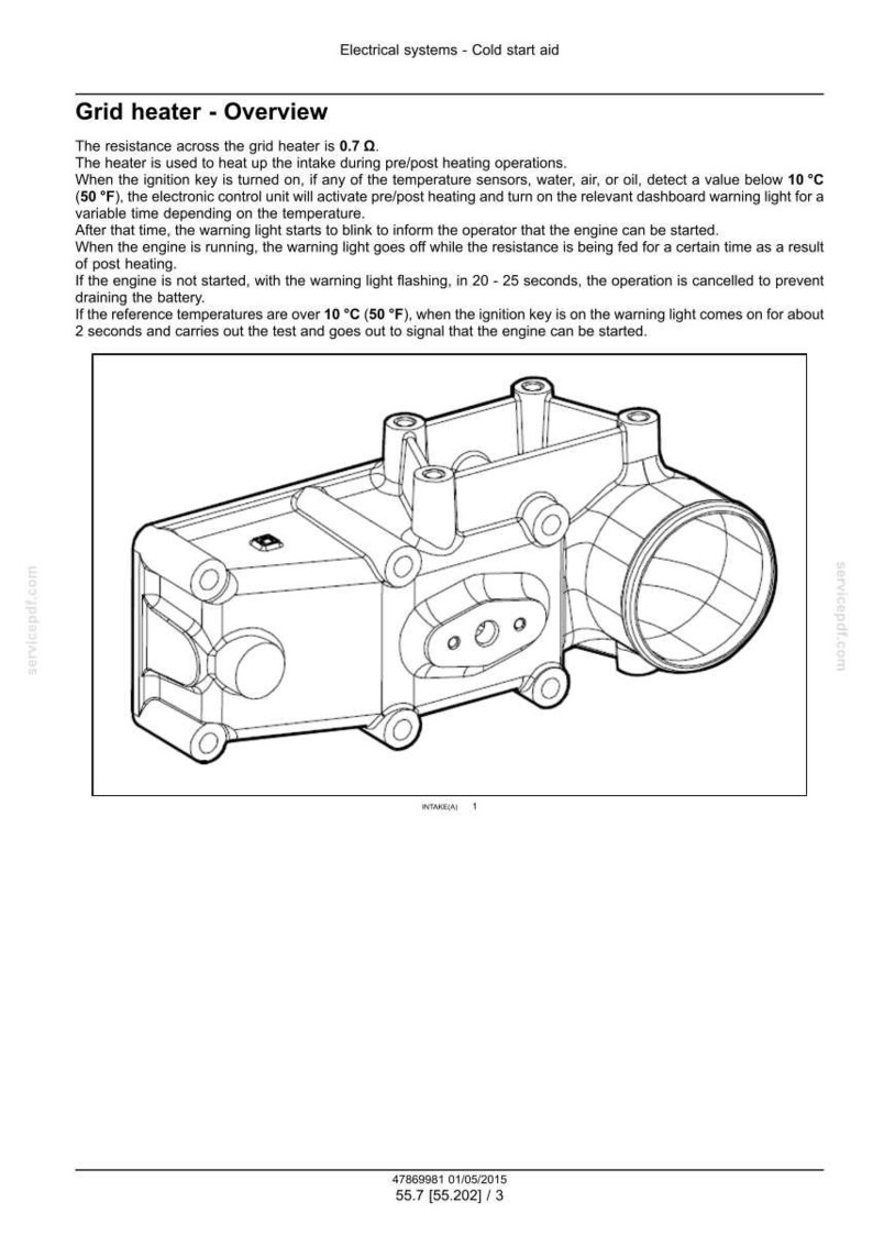 May include: Line drawing of a grid heater, an electrical component for cold start aid. The diagram shows the heater's overview, including its resistance and function in pre/post heating operations. Text includes technical details.