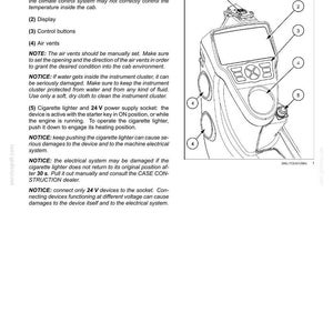 Puede incluir: Diagrama de un cuadro de instrumentos con componentes numerados: sensor ambiental, pantalla, botones de control, salidas de aire y encendedor/toma de corriente. La imagen incluye texto con instrucciones y advertencias.