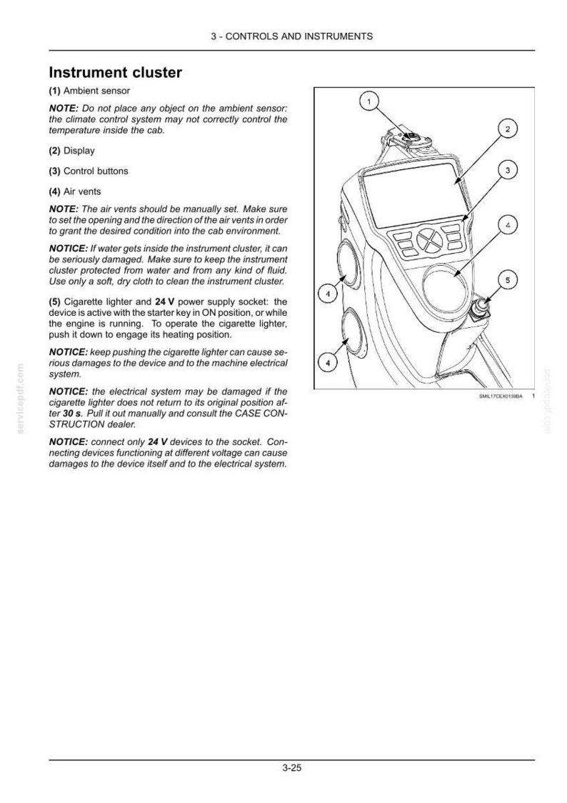 Puede incluir: Diagrama de un cuadro de instrumentos con componentes numerados: sensor ambiental, pantalla, botones de control, salidas de aire y encendedor/toma de corriente. La imagen incluye texto con instrucciones y advertencias.
