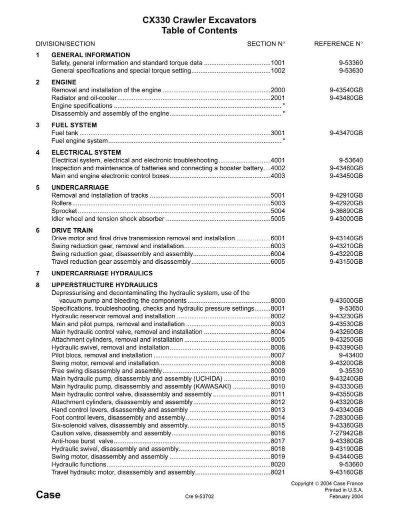 Op de afbeelding: Inhoudsopgave van een CX330 Crawler Excavators handleiding. Het document bevat secties over algemene informatie, motor, brandstofsysteem, elektrisch systeem, onderwagen, aandrijflijn en hydrauliek. Copyright 2004 Case France.
