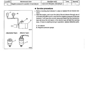 May include: Diagram of an on-vehicle inspection and adjustment procedure for a dust indicator. Includes a table with service standards and illustrations of mechanical and electric type components. Text includes instructions for checking the dust indicator.