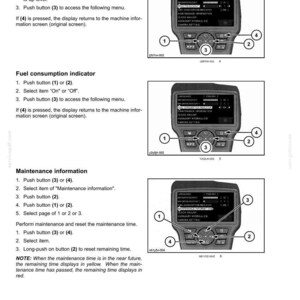 Puede incluir: Una p&aacute;gina de un manual que muestra un panel de control con una pantalla y botones. La pantalla muestra opciones de men&uacute; para brillo, consumo de combustible e informaci&oacute;n de mantenimiento. El panel tiene botones etiquetados 1, 2, 3 y 4.