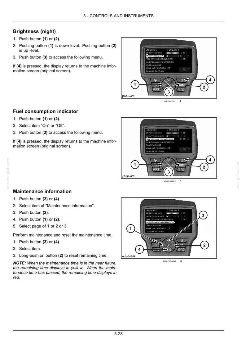 Puede incluir: Una p&aacute;gina de un manual que muestra un panel de control con una pantalla y botones. La pantalla muestra opciones de men&uacute; para brillo, consumo de combustible e informaci&oacute;n de mantenimiento. El panel tiene botones etiquetados 1, 2, 3 y 4.