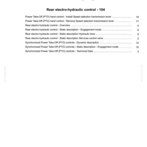May include: Index page from a manual detailing Power Take-Off (PTO) and rear electro-hydraulic control systems. Includes a list of topics with page numbers, such as "Install Speed selection transmission lever."