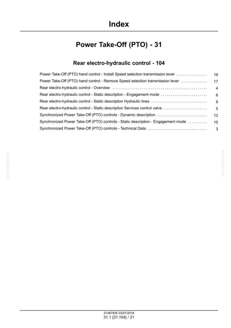 May include: Index page from a manual detailing Power Take-Off (PTO) and rear electro-hydraulic control systems. Includes a list of topics with page numbers, such as "Install Speed selection transmission lever."