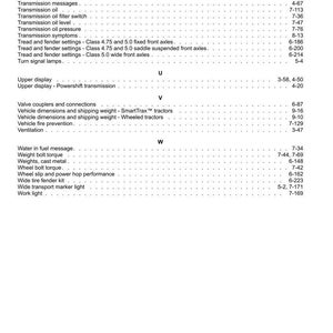 May include: A black and white index page from a technical manual listing topics from Tractor jacking points to Work light, organized alphabetically under headers U, V, and W, with corresponding page numbers for each entry on the right side.
