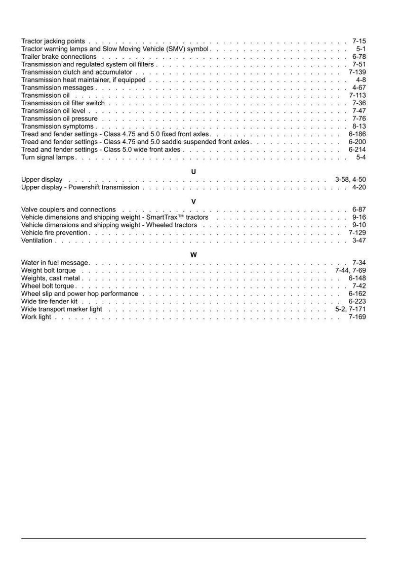 May include: A black and white index page from a technical manual listing topics from Tractor jacking points to Work light, organized alphabetically under headers U, V, and W, with corresponding page numbers for each entry on the right side.