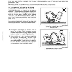 May include: Page from a manual detailing machinery transportation. Diagrams illustrate correct and incorrect loading/unloading methods. Text provides safety warnings and instructions for safe procedures.