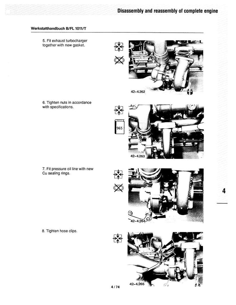 May include: A page from a workshop manual, titled "Disassembly and reassembly of complete engine." The manual, "Werkstatthandbuch B/FL 1011/T," shows engine component assembly steps with diagrams and text instructions. The page includes images of engine parts.