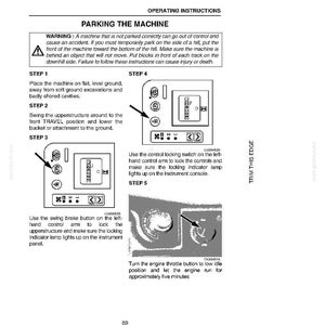 May include: A page from an operating manual detailing instructions for parking a machine. The text includes warnings about safety and steps for proper parking, with diagrams illustrating control panel functions.