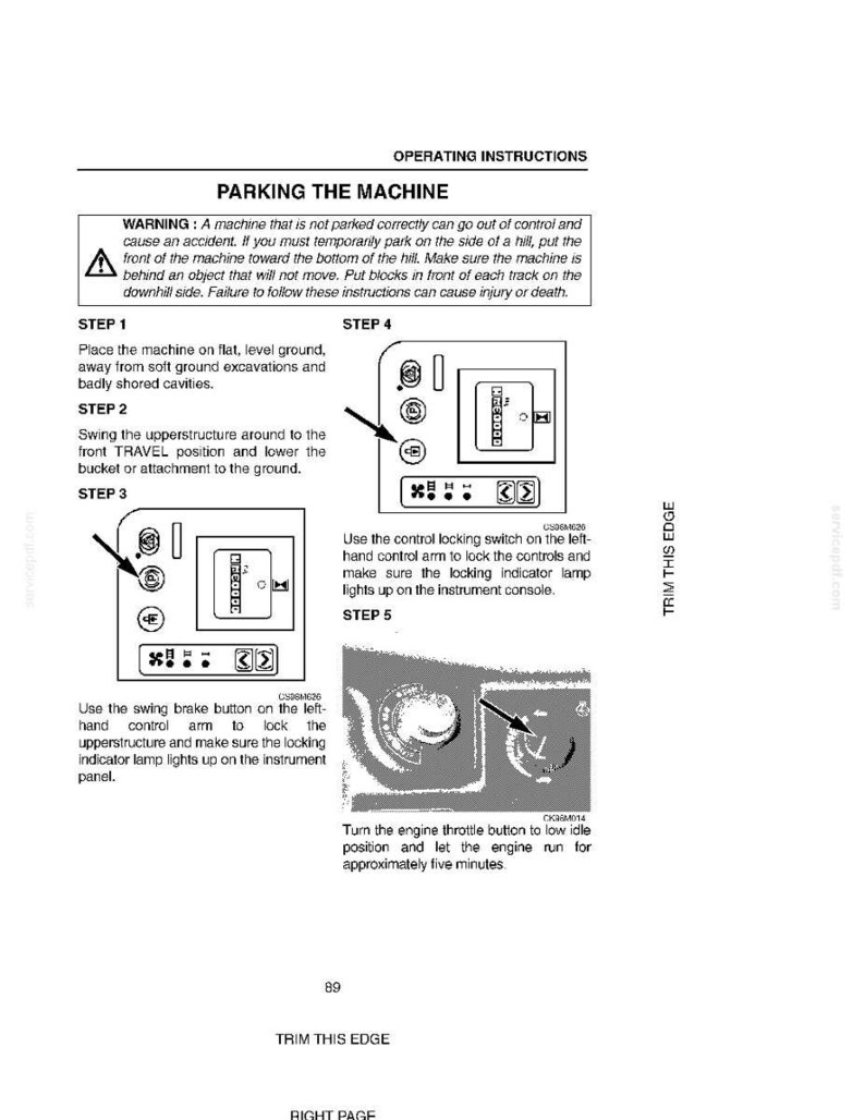 May include: A page from an operating manual detailing instructions for parking a machine. The text includes warnings about safety and steps for proper parking, with diagrams illustrating control panel functions.