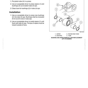 May include: Diagram illustrating the process of replacing bushings for lift cylinders. The image includes labeled parts such as wipers, bushings, piston rod yoke, and tube. Instructions for removal and installation are also provided.
