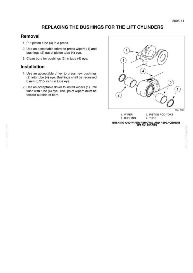 May include: Diagram illustrating the process of replacing bushings for lift cylinders. The image includes labeled parts such as wipers, bushings, piston rod yoke, and tube. Instructions for removal and installation are also provided.