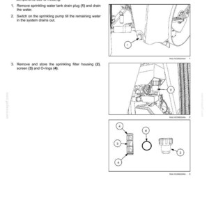 May include: Diagram illustrating the maintenance procedure for draining a water tank. The image shows numbered steps with close-up views of components, including a drain plug, filter housing, screen, and O-rings. Text explains the process.