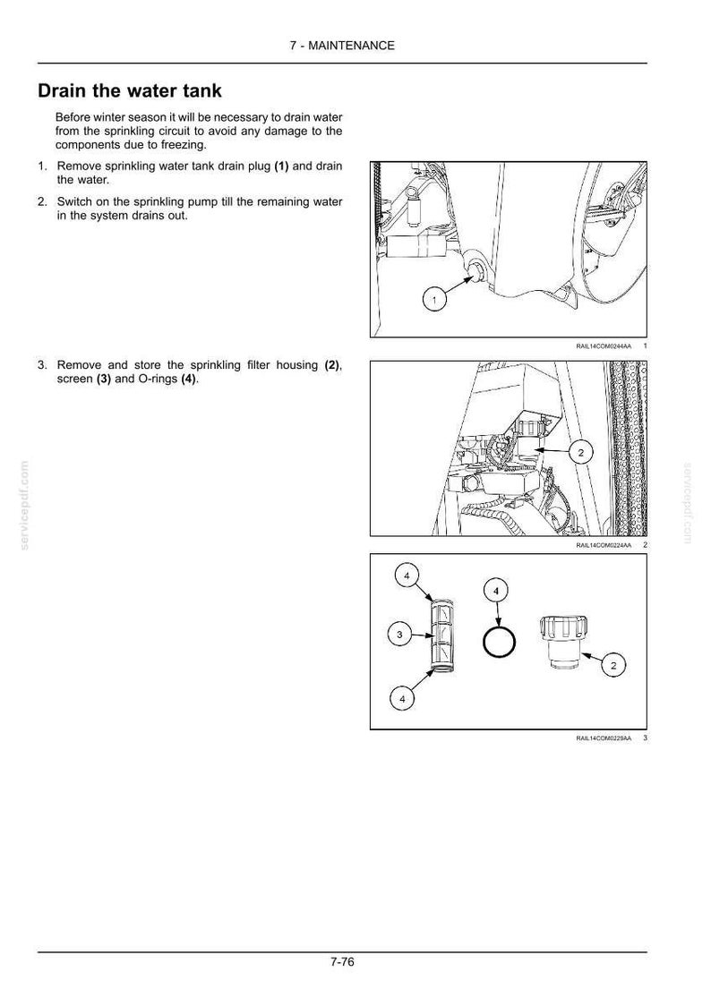 May include: Diagram illustrating the maintenance procedure for draining a water tank. The image shows numbered steps with close-up views of components, including a drain plug, filter housing, screen, and O-rings. Text explains the process.