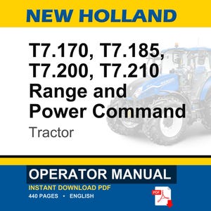 May include: An operator manual for New Holland T7.170, T7.185, T7.200, and T7.210 Range and Power Command tractors. The cover features a blue tractor, yellow and white branding, and text indicating a 440-page English PDF document for download.