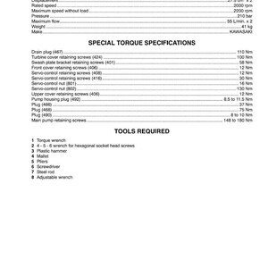 K&ouml;nnte beinhalten: Ein detailliertes Datenblatt f&uuml;r ein KAWASAKI-Produkt, Modell K3SP30-110R-9001. Enth&auml;lt technische Daten wie Hubraum, Geschwindigkeit, Druck, Durchfluss und Gewicht (41 kg). Enth&auml;lt auch Drehmomentangaben und ben&ouml;tigte Werkzeuge.