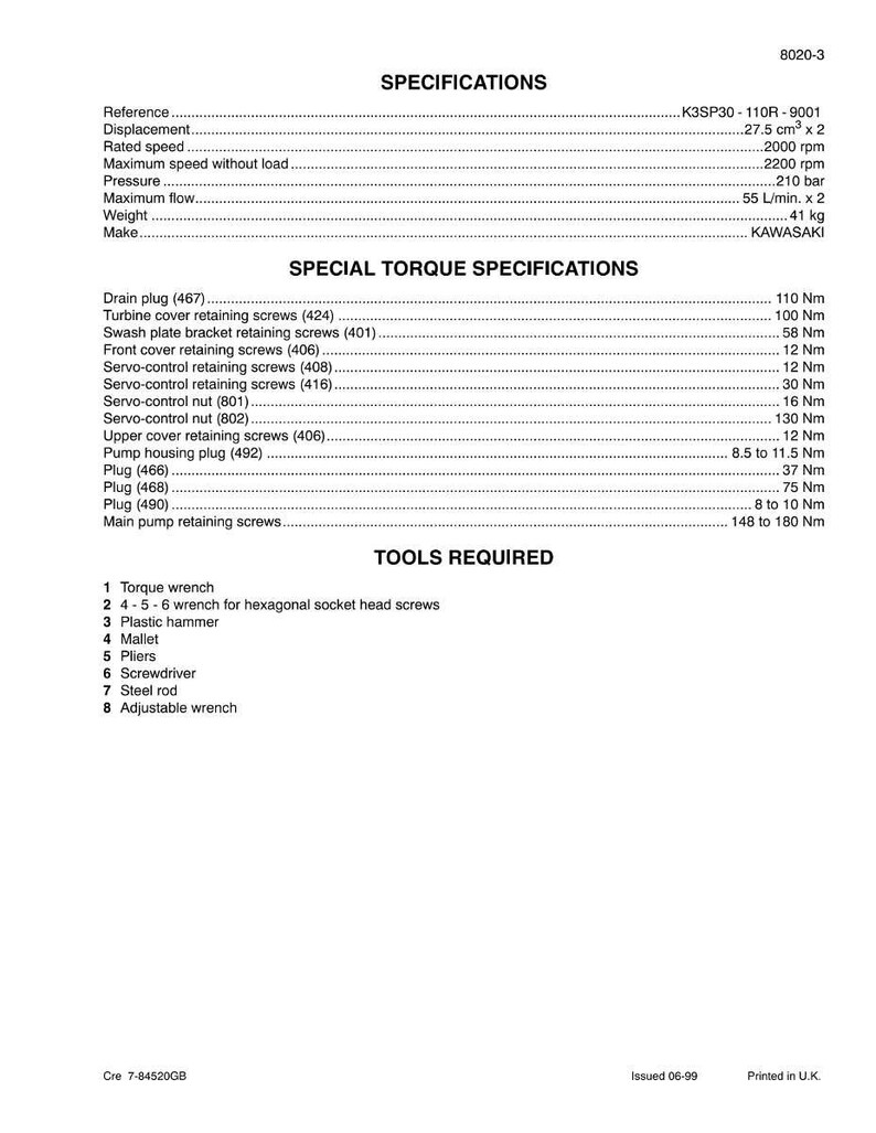 K&ouml;nnte beinhalten: Ein detailliertes Datenblatt f&uuml;r ein KAWASAKI-Produkt, Modell K3SP30-110R-9001. Enth&auml;lt technische Daten wie Hubraum, Geschwindigkeit, Druck, Durchfluss und Gewicht (41 kg). Enth&auml;lt auch Drehmomentangaben und ben&ouml;tigte Werkzeuge.