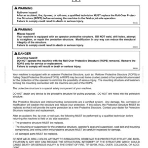 May include: A manual page detailing safety rules for a Roll Over Protective Structure (ROPS). The text includes warnings about hazards, such as roll-over and crushing, and instructions for maintenance and repair. The page features a warning symbol.