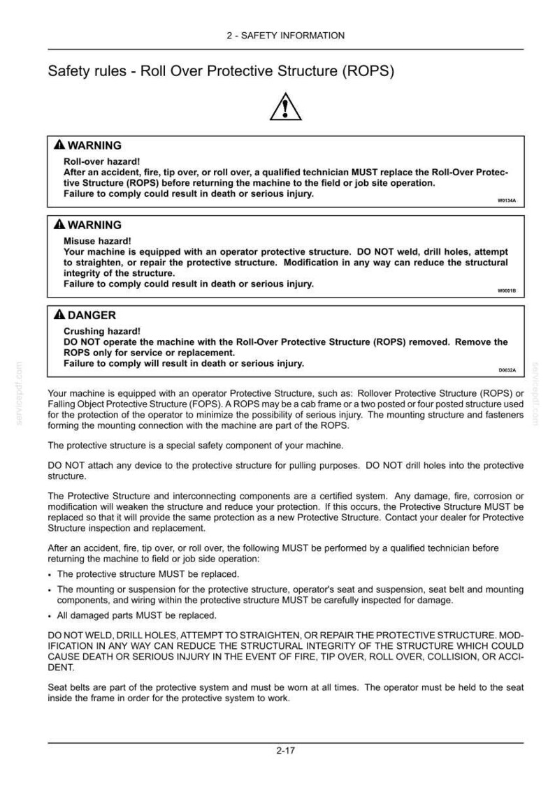 May include: A manual page detailing safety rules for a Roll Over Protective Structure (ROPS). The text includes warnings about hazards, such as roll-over and crushing, and instructions for maintenance and repair. The page features a warning symbol.