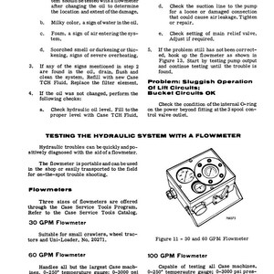 May include: An illustration of a flowmeter, a tool for diagnosing hydraulic system issues. The device has multiple gauges and dials, with a silver and black casing. Text on the image includes "30 GPM Flowmeter" and "60 GPM Flowmeter".
