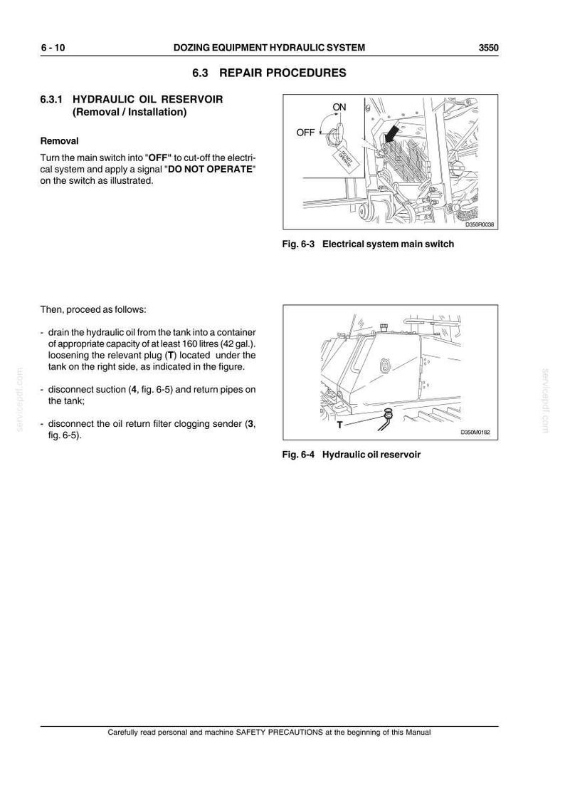 Pu&ograve; includere: Diagramma da un manuale che mostra le procedure di riparazione per un sistema idraulico di attrezzature di dozer. Include illustrazioni dell'interruttore principale del sistema elettrico e del serbatoio dell'olio idraulico.