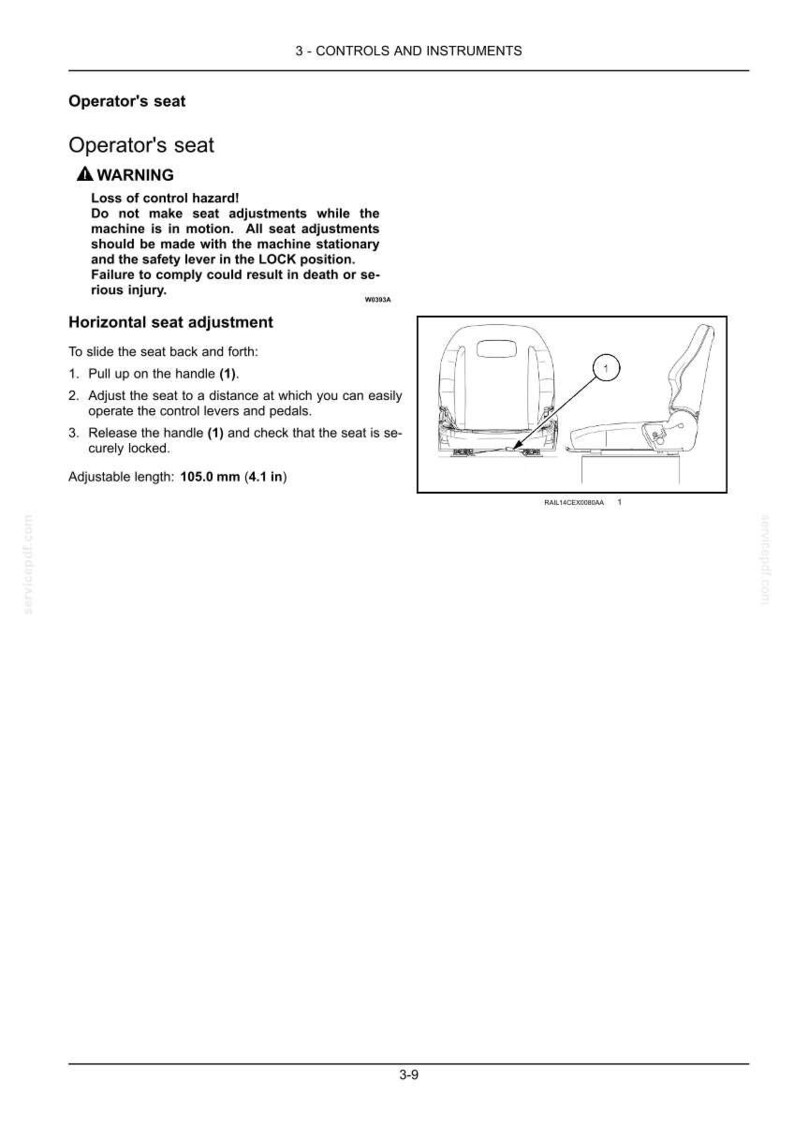 May include: Diagram of an operator's seat with instructions for horizontal seat adjustment. The adjustable length is 4.1 inches. The diagram includes a warning about loss of control hazard.