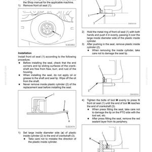 May include: A technical manual page titled 50 Disassembly and assembly SEN01866-00, featuring black and white line drawings and instructions for the removal and installation of a front oil seal, including diagrams labeled with numbers and letters.