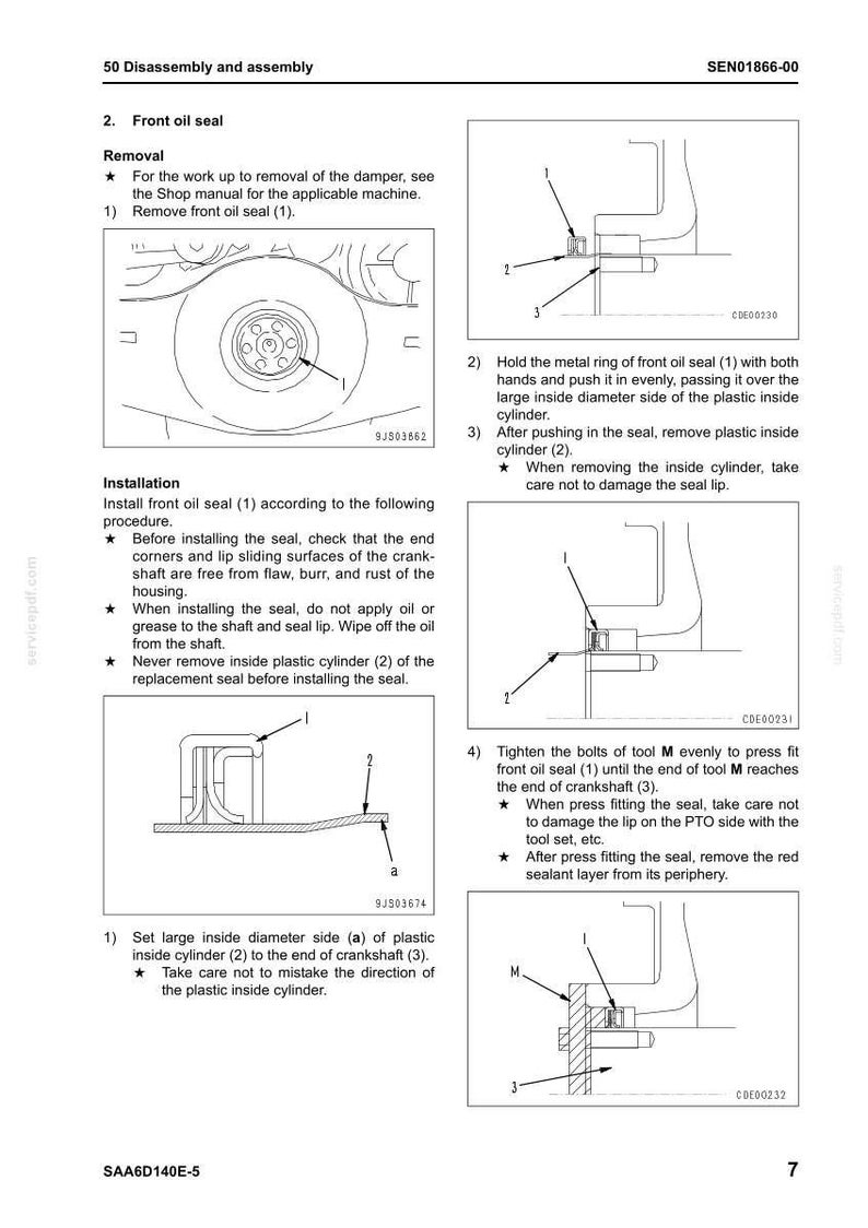 May include: A technical manual page titled 50 Disassembly and assembly SEN01866-00, featuring black and white line drawings and instructions for the removal and installation of a front oil seal, including diagrams labeled with numbers and letters.