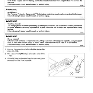 Op de afbeelding: Diagram van een tandwielverwijderingsprocedure, inclusief veiligheidswaarschuwingen. Instructies omvatten het verwijderen van de rubberen rupsband, het gebruik van een 17 mm steeksleutel en het bevestigen van hefmaterieel. Bevat een diagram met genummerde onderdelen.