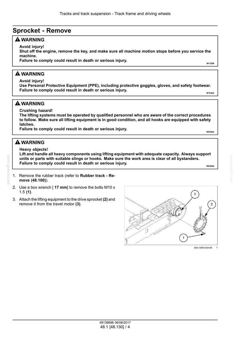 Op de afbeelding: Diagram van een tandwielverwijderingsprocedure, inclusief veiligheidswaarschuwingen. Instructies omvatten het verwijderen van de rubberen rupsband, het gebruik van een 17 mm steeksleutel en het bevestigen van hefmaterieel. Bevat een diagram met genummerde onderdelen.