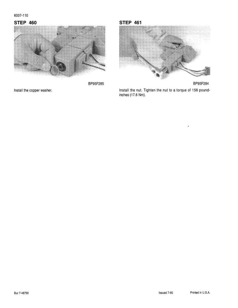 May include: Two-part image showing steps for a mechanical assembly. Step 460 shows the installation of a copper washer. Step 461 shows the installation of a nut, tightened to a torque of 156 pound-inches (17.6 Nm). Text includes "6007-110" and "BP95F285".