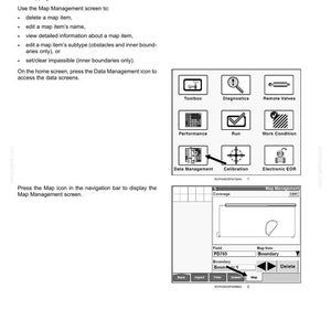 Może przedstawiać: Strona z instrukcji technicznej zatytułowana Operation - 4 Map management, zawierająca tekst instruktażowy oraz dwa schematy. Schematy przedstawiają siatkę ikon, w tym Toolbox, Diagnostics i Data Management, oraz interfejs ekranu zarządzania mapami.