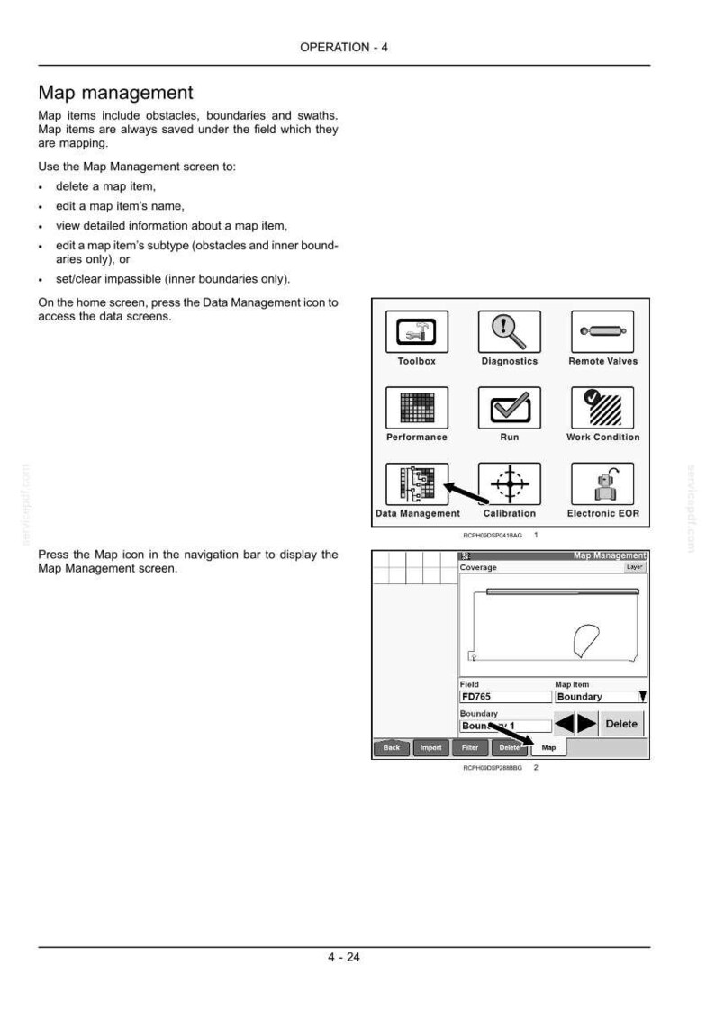 Może przedstawiać: Strona z instrukcji technicznej zatytułowana Operation - 4 Map management, zawierająca tekst instruktażowy oraz dwa schematy. Schematy przedstawiają siatkę ikon, w tym Toolbox, Diagnostics i Data Management, oraz interfejs ekranu zarządzania mapami.