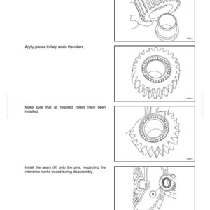May include: A technical manual page titled SECTION 25 - FRONT AXLES, featuring four black and white line drawings. The diagrams illustrate the assembly process of gear rollers, including tool DMT100002, grease application, and gear installation.