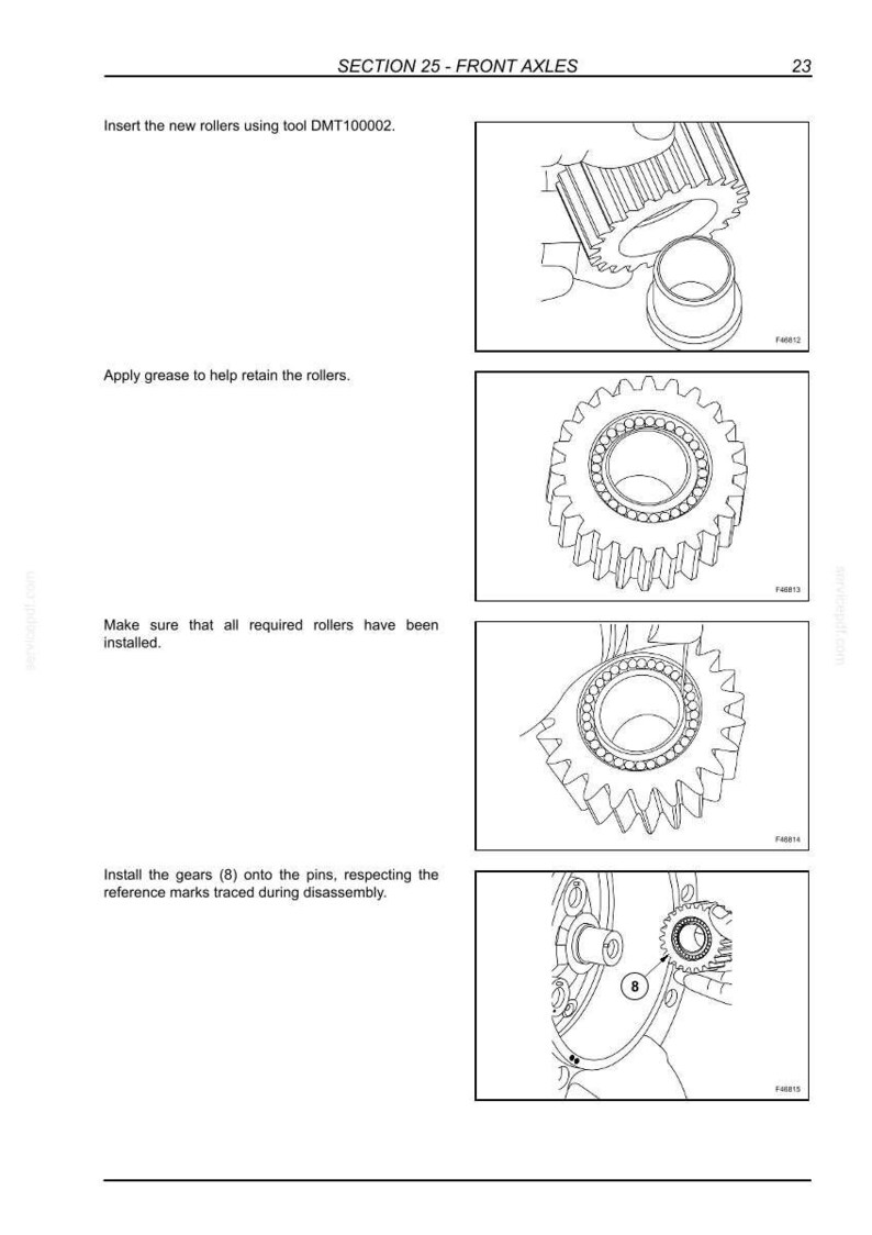 May include: A technical manual page titled SECTION 25 - FRONT AXLES, featuring four black and white line drawings. The diagrams illustrate the assembly process of gear rollers, including tool DMT100002, grease application, and gear installation.