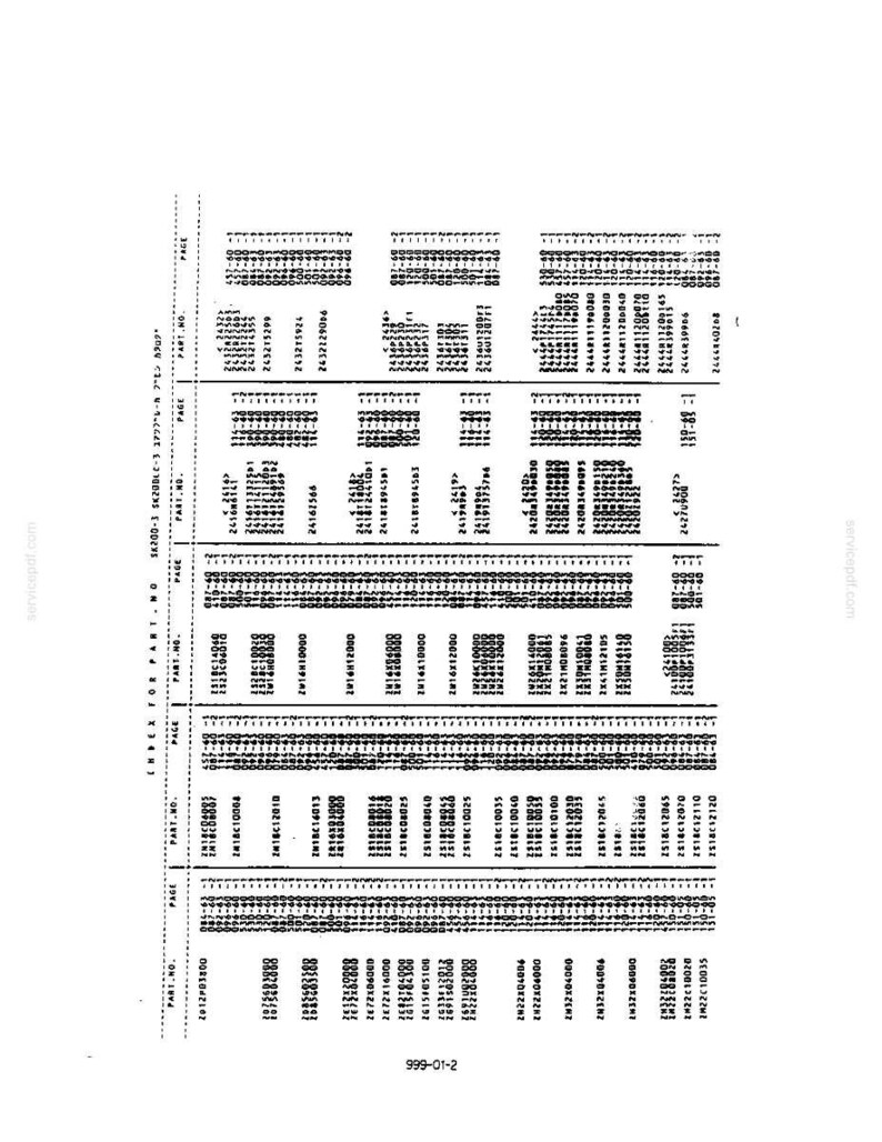 May include: A black and white technical document page titled INDEX FOR PART NO. containing a structured table with multiple columns listing part numbers and their corresponding page numbers, organized in a grid format with clear vertical lines.