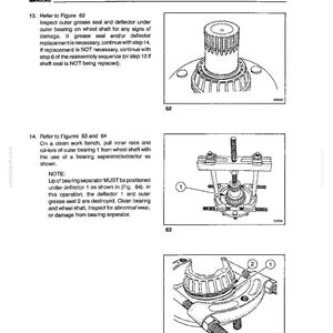 May include: A technical manual page for New Holland TX60 combines, featuring the Hydrostatic System section. It includes three line-art diagrams labeled 62, 63, and 64, illustrating the removal of a wheel shaft bearing using a bearing separator tool.